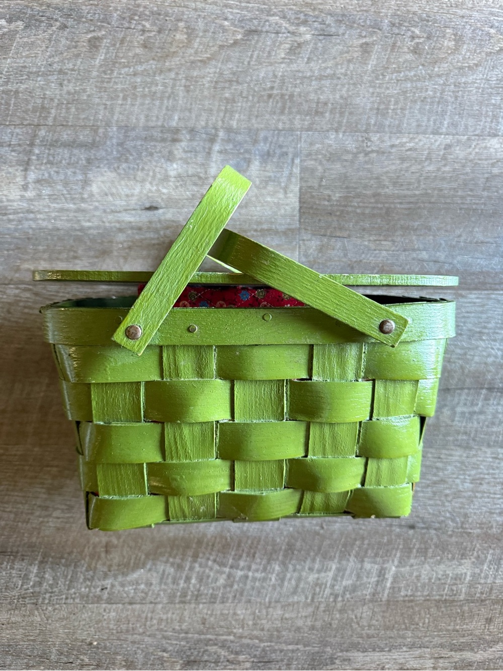 Vintage MCM sewing basket picnic style stamp collection decoupage top